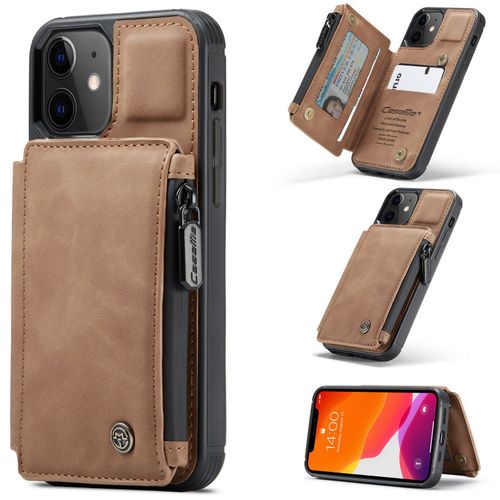 Coque Iphone 12 Pro,Etui Portefeuille 3 Emplacements Pour Cartes, 1 Money Pocket,Portefeuille À Fermeture À Glissière Pour Étui Iphone 12 Pro,Marron