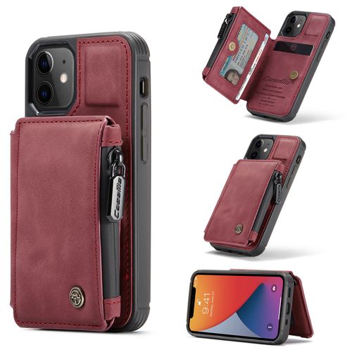 Coque Iphone 12 Mini ,Etui Portefeuille 3 Emplacements Pour Cartes, 1 Money Pocket,Portefeuille À Fermeture À Glissière Pour Étui Iphone 12 Mini,Rouge