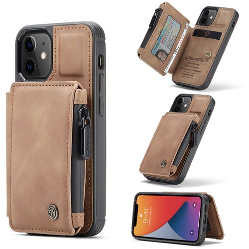 Coque Iphone 12 Mini ,Etui Portefeuille 3 Emplacements Pour Cartes, 1 Money Pocket,Portefeuille À Fermeture À Glissière Pour Étui Iphone 12 Mini,Marron