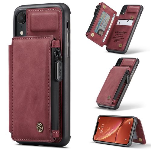 Coque Iphone Xr,Etui Portefeuille 3 Emplacements Pour Cartes, 1 Money Pocket,Portefeuille À Fermeture À Glissière Pour Étui Iphone Xr,Rouge