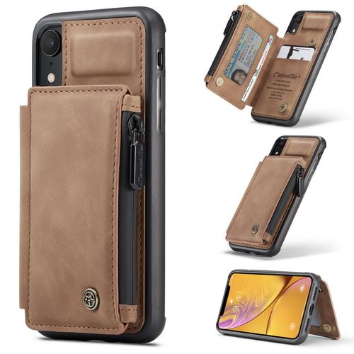 Coque Iphone Xr,Etui Portefeuille 3 Emplacements Pour Cartes, 1 Money Pocket,Portefeuille À Fermeture À Glissière Pour Étui Iphone Xr,Marron