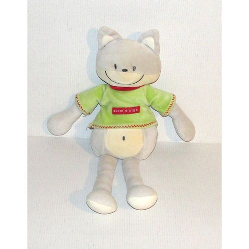 Doudou Chat Sucre D'orge Peluche Chat Polo Vert 35 Cm
