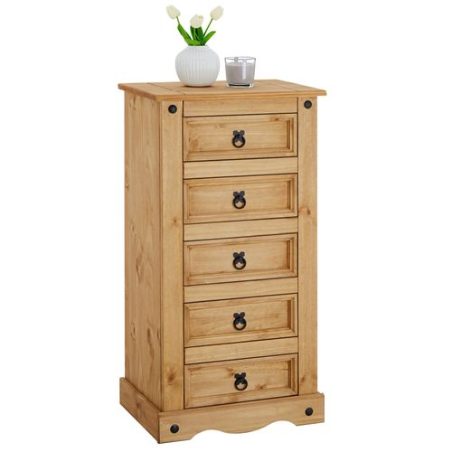 Chiffonnier Salsa Commode En Bois Style Mexicain Avec 5 Tiroirs, En Pin Massif Finition Teint?E/Cir?E