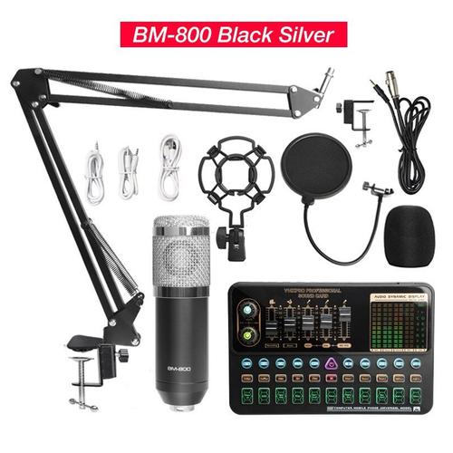 BM800 Silver Set - Mélangeur de Microphone BM800 V10X Pro, carte son, condensateur, jeu, BT, Audio, dj, diffusion en direct, micro, USB, OTG, enregistrement professionnel