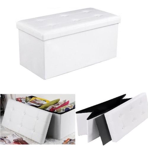 Teeno® Canapé Pouf Avec Coffre De Rangement - Blanc - 76 X 38 X 38 Cm - Simili Cuir - Max 300 Kg