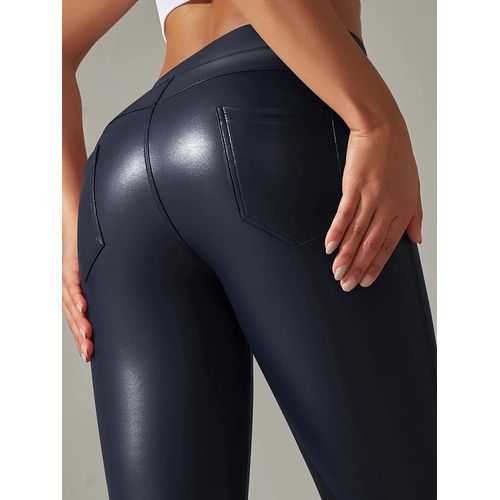 Leggings En Similicuir Pu Pour Femme Avec Poches,Pantalon Taille Haute,Velours Fin,Marron,Basique,Doux,Hiver
