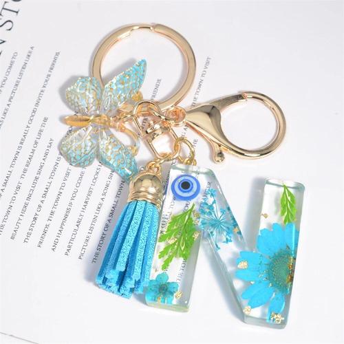 Porte-Clés Bleu Créatif Petite Fleur Séchée D'android,Porte-Clés Papillon,Pendentif Pompon,Porte-Clés De Voiture,Sac Pour Femme,26 Lettres - Type N