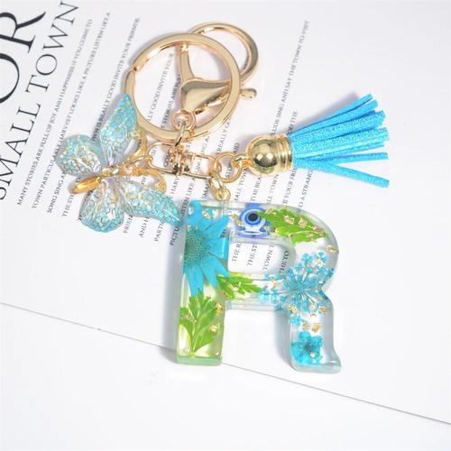 Porte-Clés Bleu Créatif Petite Fleur Séchée D'android,Porte-Clés Papillon,Pendentif Pompon,Porte-Clés De Voiture,Sac Pour Femme,26 Lettres - Type R