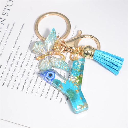 Porte-Clés Bleu Créatif Petite Fleur Séchée D'android,Porte-Clés Papillon,Pendentif Pompon,Porte-Clés De Voiture,Sac Pour Femme,26 Lettres - Type Y