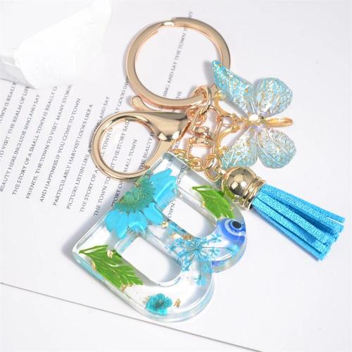 Porte-Clés Bleu Créatif Petite Fleur Séchée D'android,Porte-Clés Papillon,Pendentif Pompon,Porte-Clés De Voiture,Sac Pour Femme,26 Lettres - Type B