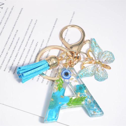 Porte-Clés Bleu Créatif Petite Fleur Séchée D'android,Porte-Clés Papillon,Pendentif Pompon,Porte-Clés De Voiture,Sac Pour Femme,26 Lettres - Type A