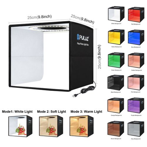 25cm 12 Backs Couleur - PULUZ 25 30cm Photo Boîte à Lumière Pliable Studio Photo Boîte D'anneau de Photographie LED Panneau Boîte Tente De Tir Kit de Boîte Avec 6 12 Couleurs