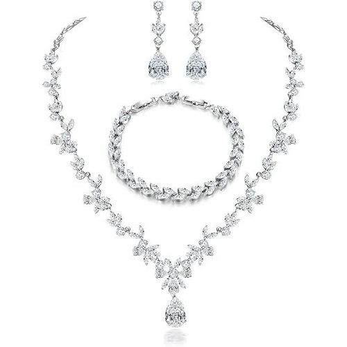 Ensemble De Bijoux Pour Femmes, Collier Pendentif Boucles D'oreilles Bracelet Set, Plaqué Or Blanc Bijoux Set, Idéal Pour Les Demoiselles D'honneur De La Mariée
