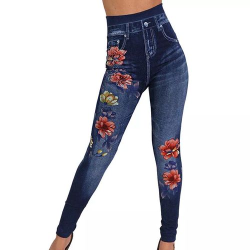 Chaîne Dimitty-Leggings En Faux Denim Pour Femme,Pantalon Crayon Slim,Imprimé Floral,Vêtements Décontractés,Grande Taille,Mode