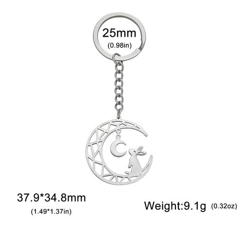 Cooltime Porte-Clés Pendentif Lapin Et Lune Pour Femme,Acier Inoxydable,Breloque Géométrique Animale,Porte-Clés De Voiture,Cadeau De Bijoux À La Mode - Type Silver Color