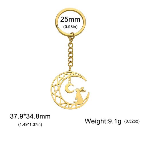 Cooltime Porte-Clés Pendentif Lapin Et Lune Pour Femme,Acier Inoxydable,Breloque Géométrique Animale,Porte-Clés De Voiture,Cadeau De Bijoux À La Mode - Type Gold Color
