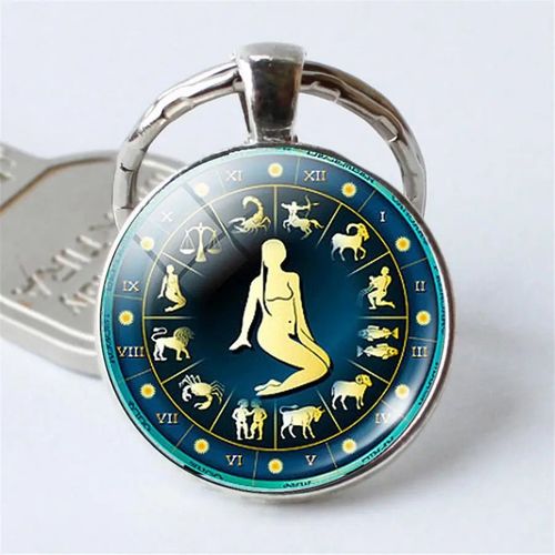 Porte-clés signes du zodiaque pour homme et femme,bijoux Constellation Time 12,porte-clés,sac de voiture,pendentif cabochon en verre rond,cadeau - Type ZX003-6-Virgo