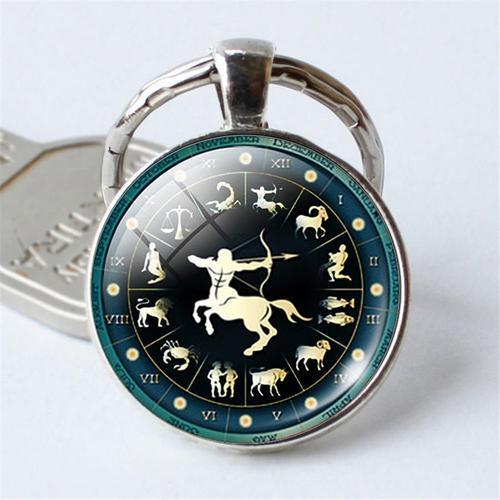 Porte-Clés Signes Du Zodiaque Pour Homme Et Femme,Bijoux Constellation Time 12,Porte-Clés,Sac De Voiture,Pendentif Cabochon En Verre Rond,Cadeau - Type Zx003-9-Sagittarius