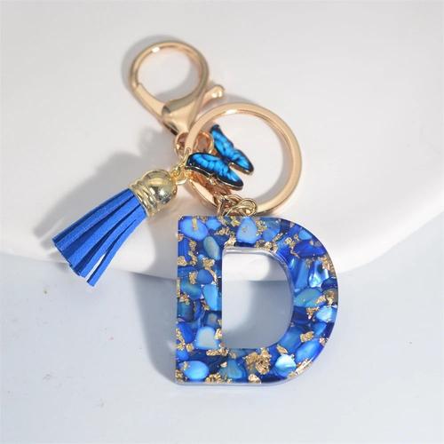 Porte-Clés En Résine De Pierre Émaillée Bleue Pour Hommes Et Femmes,Pendentif Pompon Papillon,Porte-Clés Exquis,Porte-Clés De Voiture,Cadeau,A À Z,26 Initiales - Type D