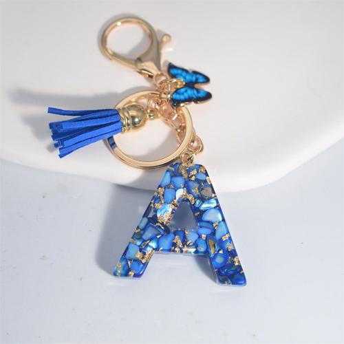 Porte-Clés En Résine De Pierre Émaillée Bleue Pour Hommes Et Femmes,Pendentif Pompon Papillon,Porte-Clés Exquis,Porte-Clés De Voiture,Cadeau,A À Z,26 Initiales - Type A