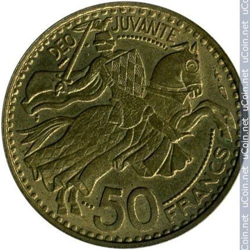 Monaco = Pièce De Monnaie De 50 Francs , Année 1950, Rainier I I I , Prince De Monaco, Deo Juvante, Cavalier