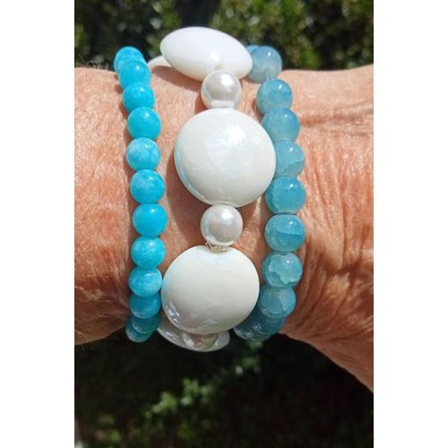 Lot De 3 Bracelets Aigues Marine,Agate Blanche Et Perles