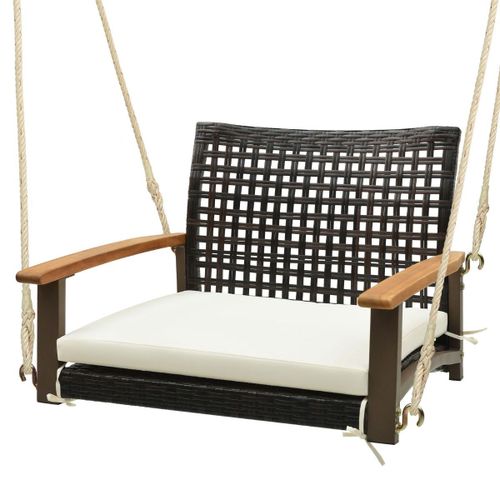 Balançoire Suspendue De Porche En Rotin Coussin De Siège Accoudoirs En Bois D'acacia 2 Cordes De Suspension En Chanvre Cadre En Métal Blanc Helloshop26 20_0007790