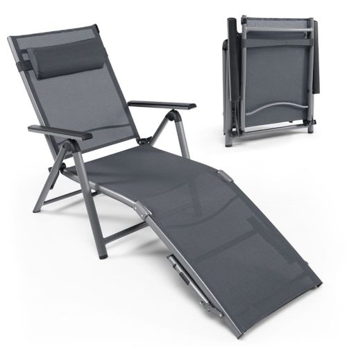 Chaise Longue D'extérieur En Aluminium Avec 8 Positions De Dossier Et 2 Pieds Réglables En Tissu À Séchage Rapide Gris Helloshop26 20_0008157