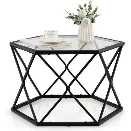 Costway Table Basse Géométrique Avec Plateau En Verre Trempé, Table D¿Appoint Hexagonale, Style Moderne Pour Salon,65x56x40cm, Noir