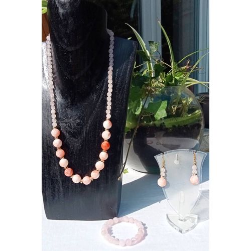 Set Collier, Bracelet Et Boucles Jade Et Quartz Rose