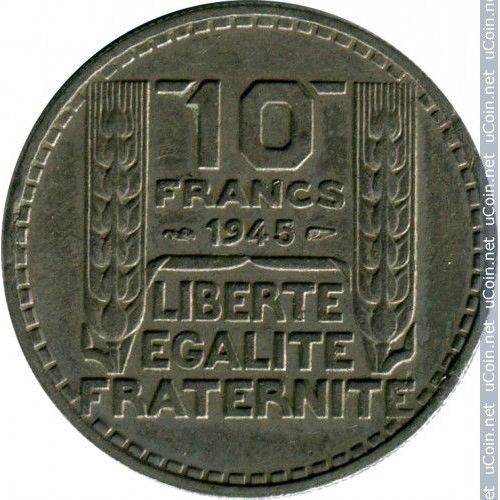 France = Pièce De Monnaie De 10 Frrancs, Type Turin, Année 1945, Variété Rameaux Longs