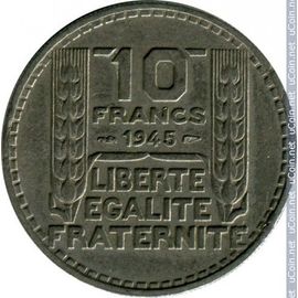 France = Pièce De Monnaie De 10 Frrancs, Type Turin, Année 1945, Variété Rameaux Longs