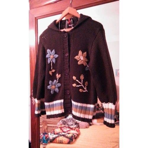 Gilet En Laine Boutonné Marron Foncé Motifs Colorés 40 L Vintage Années 90.
