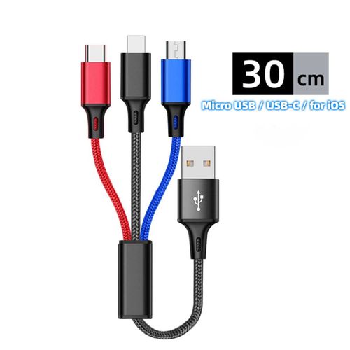 Câble de charge rapide 3 en 1 pour iPhone,Huawei,micro USB type C,1.2m,plusieurs ports USB - Type 0.3M Cable