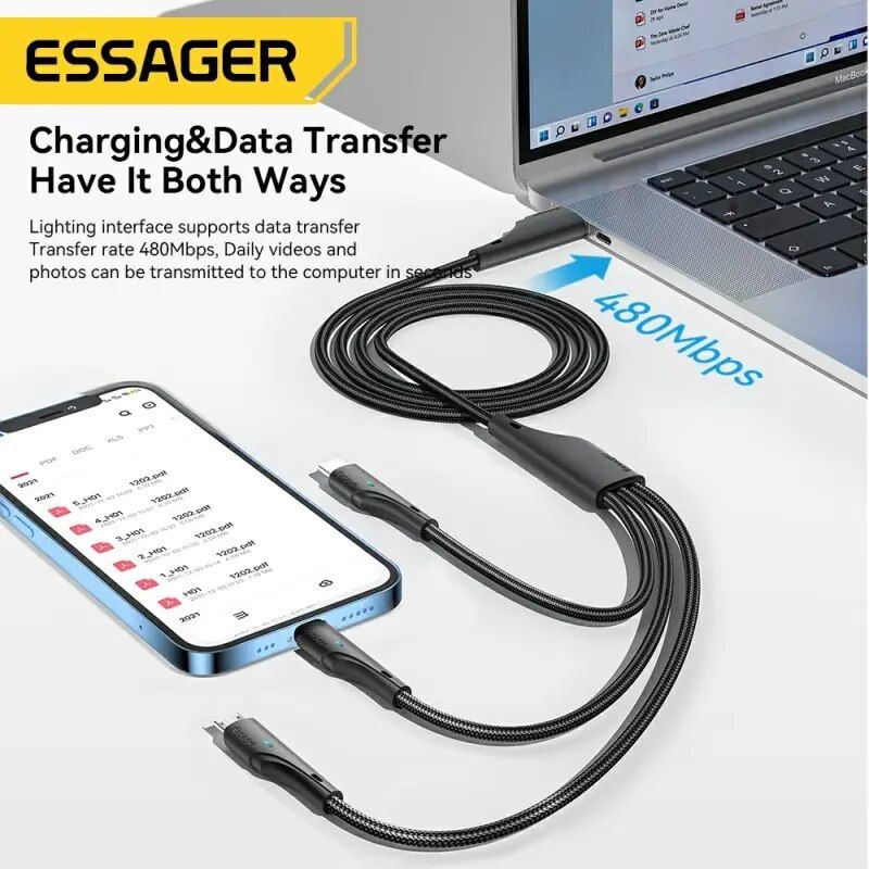 Essage-Cble Micro Usb/Type-C 3 En 1 Pour Recharge Rapide Et... - 3