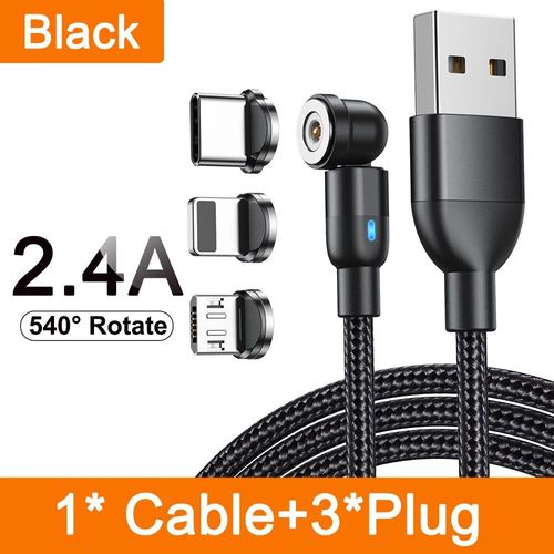 Aufu-Câble Micro Usb/Type-C Magnétique Rotatif À 540 °,3m,Cordon De Chargeur Étonnante Té Pour Téléphone Portable Iphone,Samsung,Xiaomi Redmi - Type Black With 3tips-2m