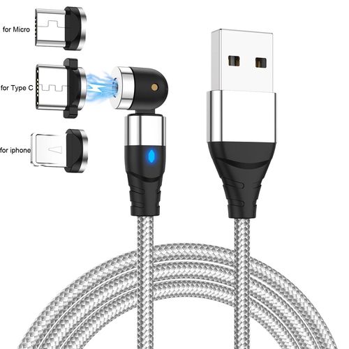 540 Rotation Câble Magnétique Type C Micro Charge Rapide Aimant Usb-C Chargeur De Téléphone Pour Iphone 14 11 Huawei Xiaomi Samsung Fil Rette - Type Silver 3plugs-2m