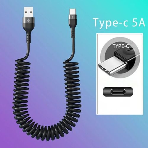 Câble Usb 5a 66w De Type C Pour Recharge Rapide Et Données,Cordon De Chargeur Télescopique À Ressort Pour Iphone,Xiaomi Et Samsung - Type C Black-1,5m
