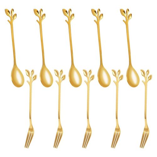 5 Cuillère + 5forks En Acier Inoxydable Feuille Café Gâteau Fourchette Cuillères À Dessert, Remuant Ensemble Doré