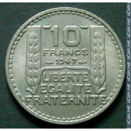 France = Pièce De Monnaie De 10 Francs, Année 1947, Type Turin, En Cupronickel, Variété Petite Tête Et Rameaux Courts