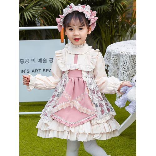 Polyester Quotidien Décontracté Volants Manches Longues Polyester Automne Robe Fleurie Rose Doux Enfant Robes Lolita