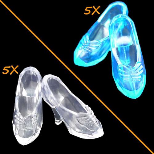 Taille 5 Bleu 5 Transparent Chaussures À Talons Hauts De Poupée De Conte De Fées Imitation Cristal, Lot De 10 Paires De Souliers Comme La Princesse Cendrillon, Sandales Accessoire Pour Barbie,