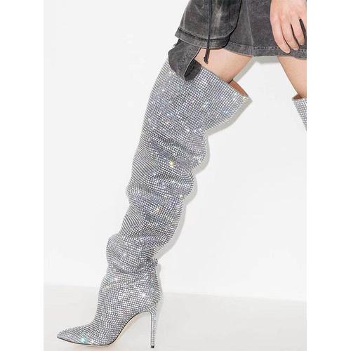 Cuissardes Femme Argentées Avec Strass Cuissardes À Bout Pointu Bottes De Fête