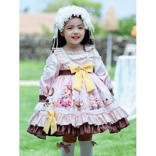 Polyester Quotidien Décontracté Volants Manches Longues Coton Printemps Robe Imprimé Floral Style Rococo Rose Enfant Lolita Robes