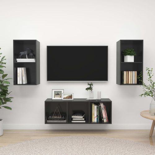 Vidaxl Ensemble De Meubles Tv 3 Pcs Gris Brillant Bois D'ingénierie