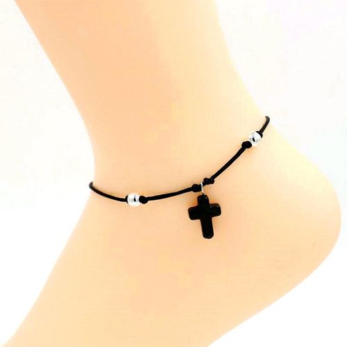 Bracelets De Cheville En Résine Pour Femmes, Croix De Pied, Style Bohème, Pieds Nus, Corde Noire, Sandales
