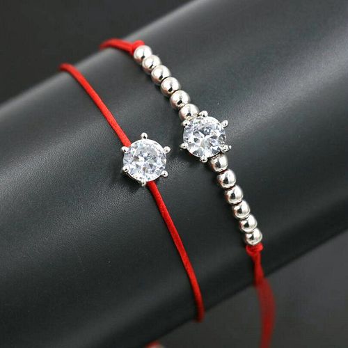Bppccr 2 Pièces/Ensemble Porte Bonheur Rouge Corde Fil Tressé Bracelets Cristal Brillant Zircon 4mm Perles De Cuivre Couleur Argent Amoureux Pulseira