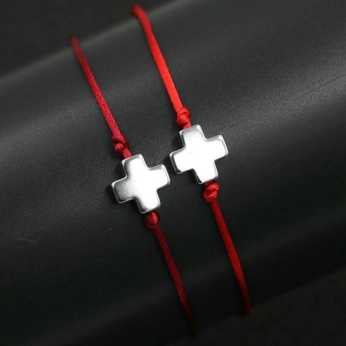 Bracelet Porte Bonheur En Acier Inoxydable Pour Hommes Et Femmes, Couleur Argent, Croix, Corde Rouge, Cordons Filetés, Cadeau, 2 Pièces/1 Ensemble
