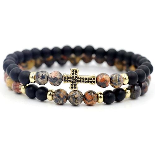 Bracelets À Brins De Pierre D'onyx Naturelle, 2 Pièces/Ensemble Porte Bonheur Pour Hommes, Incrustation De Micro Croix En Zircon, Bracelet Pour Couples Amoureux, Cadeau D'amour