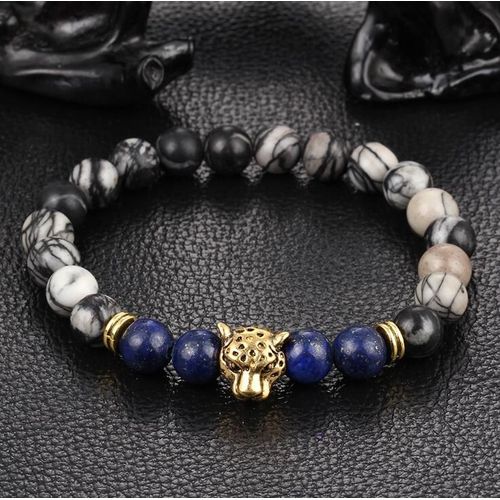 Bracelet En Pierre Lapis Lazuli Naturelle Pour Homme, Corde À Main, Perles De Prière, Léopard, Tête De Lion, Élasticité